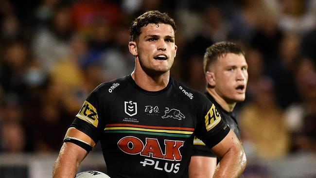 MACKAY, AUSTRALIA - SEPTEMBER 18: Nathan Cleary of the Panthers looks on during the NRL Semifinal match between the Penrith Panthers and the Parramatta Eels at BB Print Stadium on September 18, 2021 in Mackay, Australia. (Photo by Matt Roberts/Getty Images)