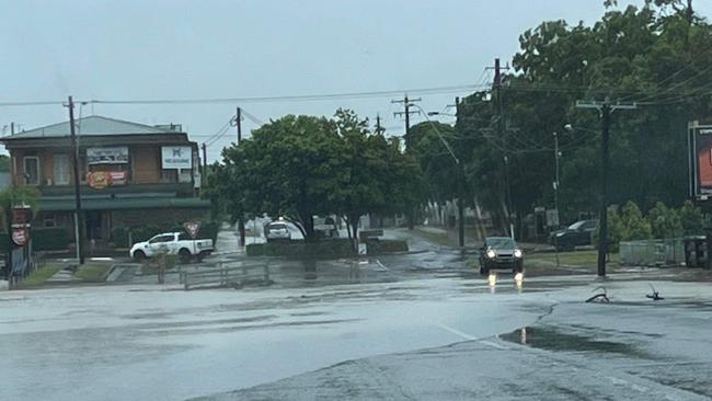 Saltwater Creek in the Bundaberg CBD has overflown onto Targo Street.