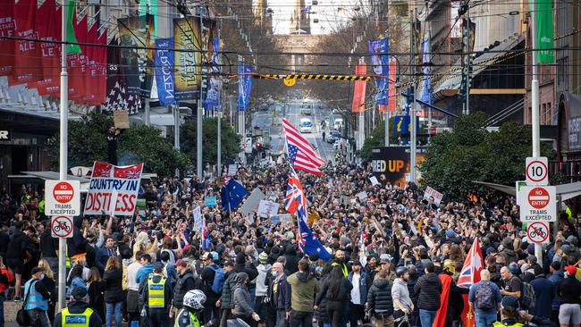 Melburnians take to the city streets for Melbourne Freedom Rally. Picture: Mark Stewart