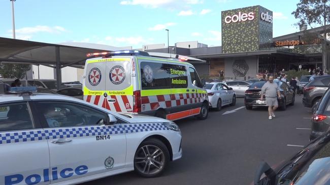 Emergency crews at the scene in the carpark of Stanhope Village Shopping Centre, Stanhope Gardens, on Saturday. TNV