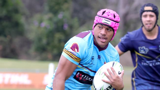 No.3 Joseph Tupuse playing for Keebra Park, about to score a try (pink head gear), Keebra Park (Light) VÃs Mabel Park (Dark), at the Langer Trophy rugby league semi-finals, Nundah, Wednesday 7th August - Photo Steve Pohlner