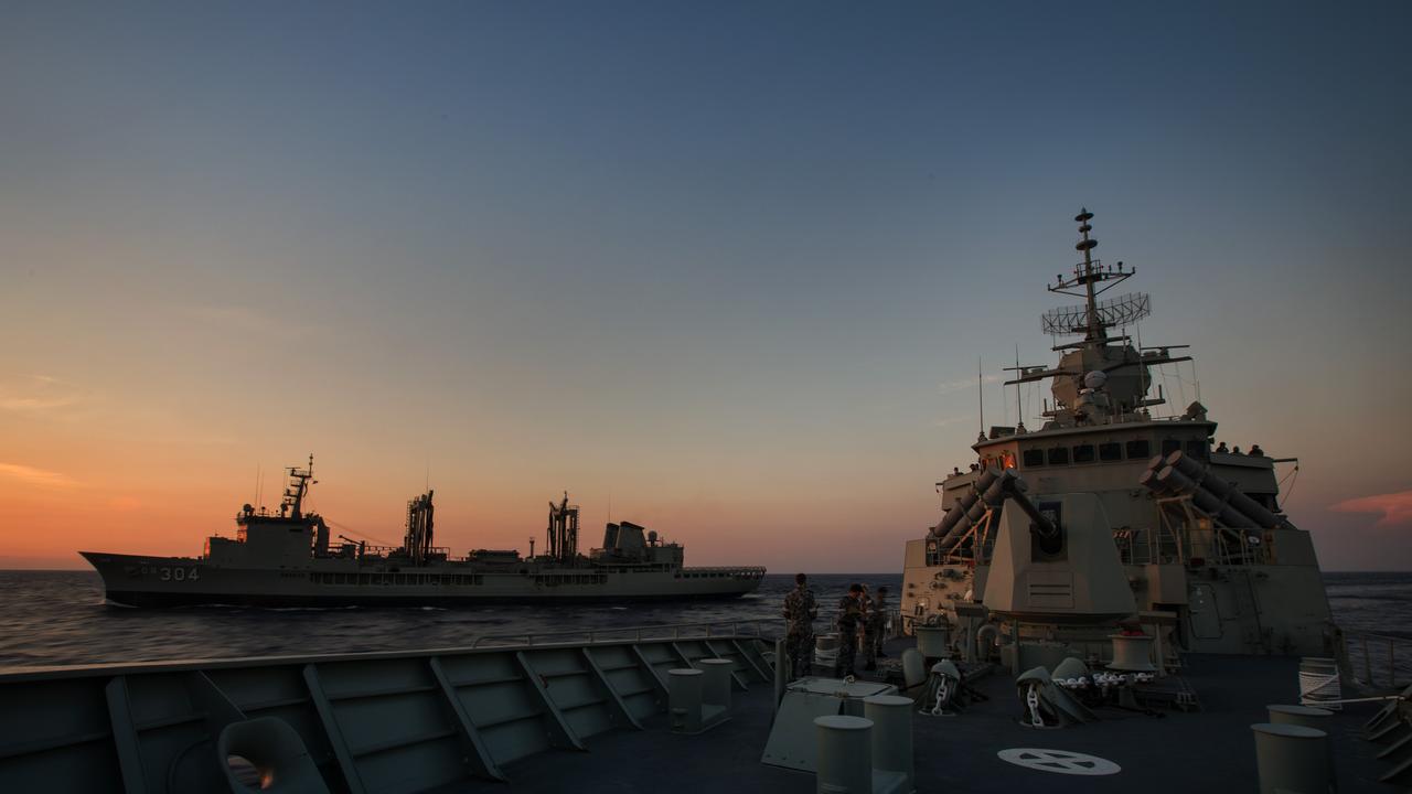 HMAS Success sails in company with HMAS Anzac after departing Subic Bay in the Philippines during their South East Asia Deployment. Picture: Defence