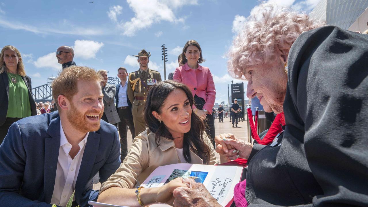 Meeting up with Mrs Dunne for the third time running, this time Harry got to introduce her to his wife Meghan. Picture: Michelle Haywood