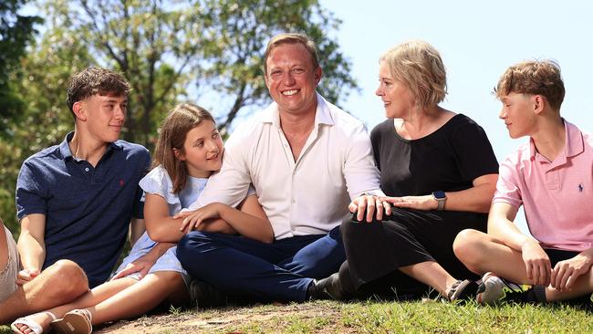 Premier Steven Miles at home with his wife Kim and kids Sam, Aidan and Bridie. Picture: Adam Head