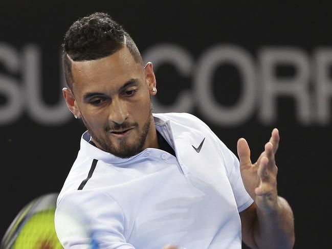 Nick Kyrgios of Australia plays a shot in his match against Matthew Ebden of Australia during the Brisbane International tennis tournament in Brisbane, Australia, Wednesday, Jan. 3, 2018. (AP Photo/Tertius Pickard)