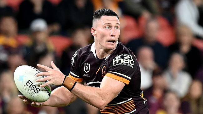 BRISBANE, AUSTRALIA - APRIL 30: Tyson Gamble of the Broncos looks to pass during the round 8 NRL match between the Brisbane Broncos and the Gold Coast Titans at Suncorp Stadium, on April 30, 2021, in Brisbane, Australia. (Photo by Bradley Kanaris/Getty Images)