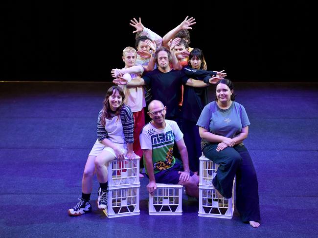 Lighting the Dark collaborators Anna Whitaker, Andrew Treloar and Chloe Ogilvie (front) with director and creator Chris Dyke and the Dancenorth Ensemble. Picture: Evan Morgan