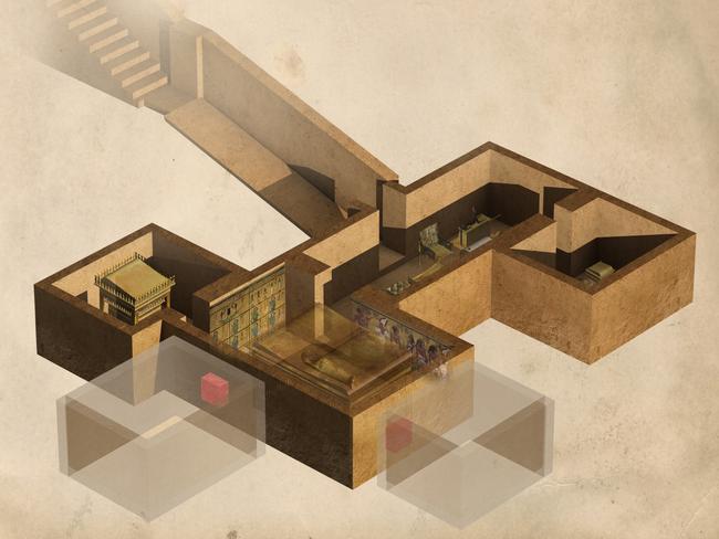 A computer illustration showing the layout of King Tut’s tomb, along with two further possible undiscovered chambers (shadowed). It is thought that one of these chambers may be the tomb of Queen Nefertiti.