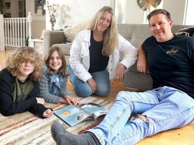 Cheree Bonnici and her family including, husband Jake, and daughters Mikaela,14 and Sienna,12, for the Federal Budget. 1 May 2023. Picture Dean Martin