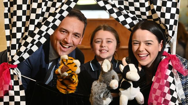 Education Minister Blair Boyer with Modbury South Preschool student Poppy and local MP for Newland Olivia Savvas. Picture: Keryn Stevens