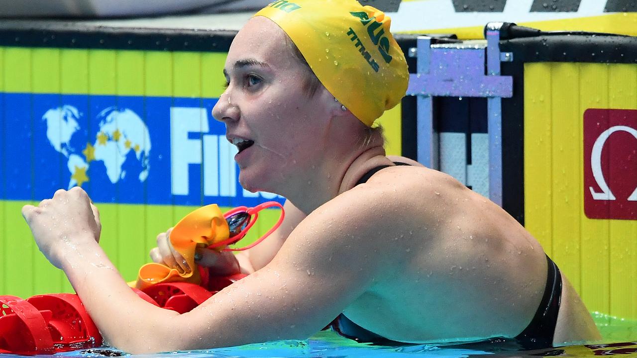 Ariarne Titmus of Australia celebrates winning gold in the Women's 400m Freestyle Final. Picture: Getty Images