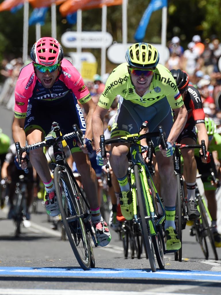 Jay McCarthy (right) edges Italian Diego Ulissi to win Stage 2.