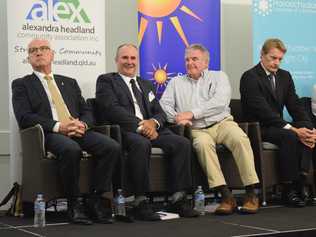 Mayoral candidates Mark Jamieson, Don Innes, Michael Burgess and Chris Thompson at a Sunshine Coast Daily election forum in Maroochydore. Picture: Stuart Cumming