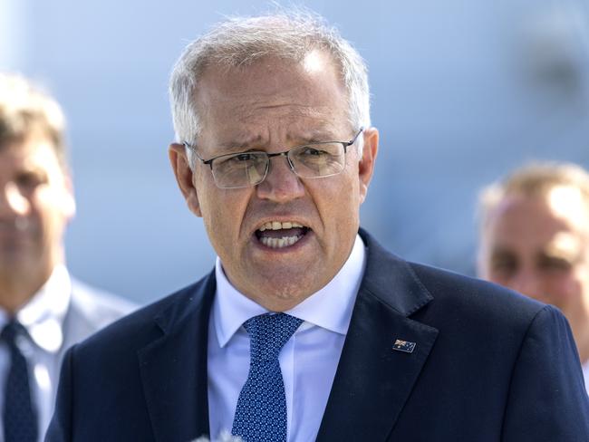 Prime Minister Scott Morrison visits the Toyota Hydrogen Centre in Altona to unveil a new $250m electric vehicle plan. Picture: NCA NewsWire / David Geraghty