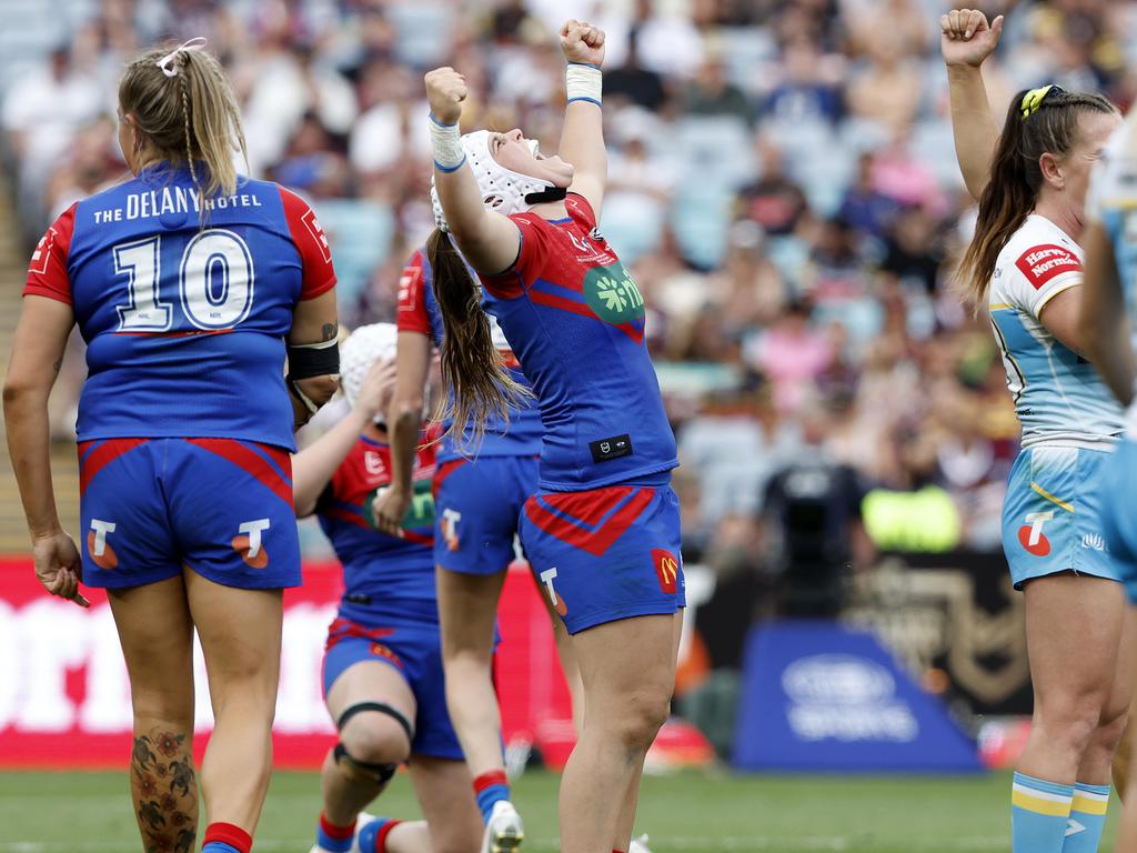 Jesse Southwell celebrates Newcastle’s victory in the NRLW Grand Final last year. Picture: Adam Head