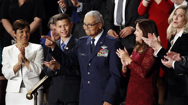 Tuskegee airman Charles McGee,100, at Donald Trump’s State of the Union last week. The President pinned the stars of a brigadier general to McGee at the White House before his address. Picture: AP