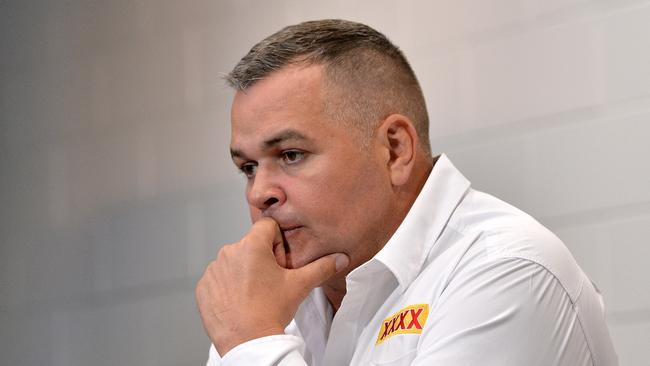 Broncos coach Anthony Seibold speaks to the media after the loss to Gold Coast. Picture: Bradley Kanaris/Getty Images