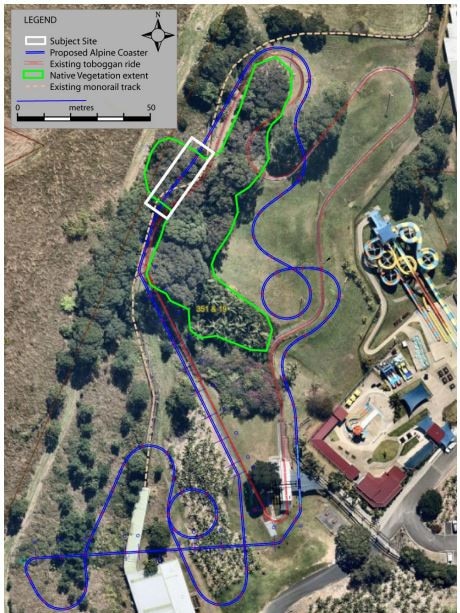 Aerial image of the proposed Alpine Coaster route (marked in blue). Picture: Idyll Spaces Environmental Consultants