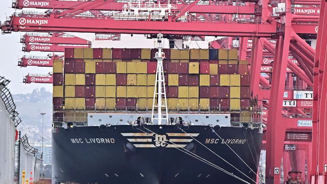 Shipping containers on the MSC Livorno await unloading at the Port of Long Beach, California after US President Donald Trump initiated sweeping tariffs on Canada, Mexico and China. Picture: AFP