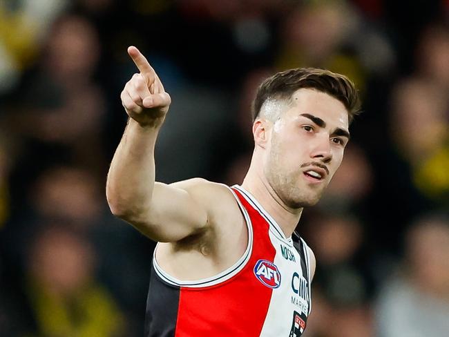 MELBOURNE, AUSTRALIA - AUGUST 13: Jade Gresham of the Saints celebrates a goal during the 2023 AFL Round 22 match between the St Kilda Saints and the Richmond Tigers at University of Tasmania Stadium on August 13, 2023 in Melbourne, Australia. (Photo by Dylan Burns/AFL Photos via Getty Images)