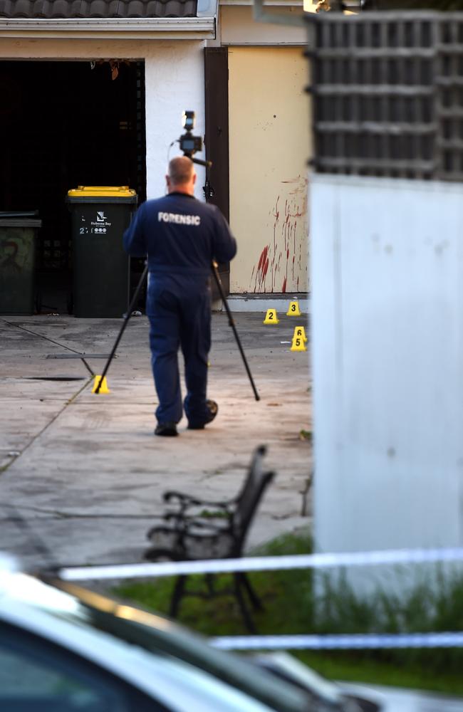 A large amount of blood was smeared on the property’s front door. Picture: Nicole Garmston