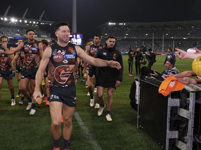 Toby Greene of the Giants leaves the field after their win over the Cats in Geelong. Picture: Martin Keep/AFL Photos/Getty Images.