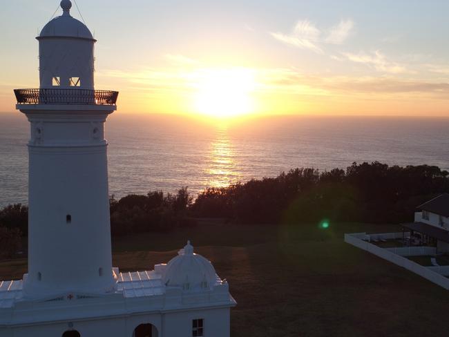 Sunrise at Macquarie Lighthouse at Vaucluse photographed by drone. Picture: Joshua Hulm