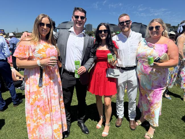 Aoife Griffin, Michael Hyde, Tina Walsh, Niall Foley and Emily Hickey Brosnan at the Melbourne Cup at Flemington Racecourse on November 5, 2024. Picture: Phillippa Butt