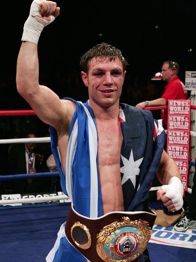 Michael Katsidis celebrates after defeating Graham Earl in their Interim WBO Lightweight Championship of the World boxing bout at the Wembley Arena, London, 17 Feb 2007.