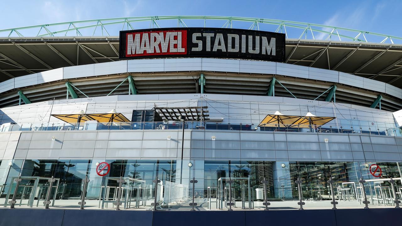 A teenage boy was intercepted outside Marvel Stadium on Saturday, with police allegedly finding a knife and imitation firearm during a search. Picture: NewsWire/Ian Currie