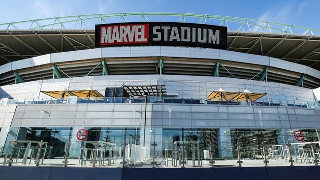 A teenage boy was intercepted outside Marvel Stadium on Saturday, with police allegedly finding a knife and imitation firearm during a search. Picture: NewsWire/Ian Currie