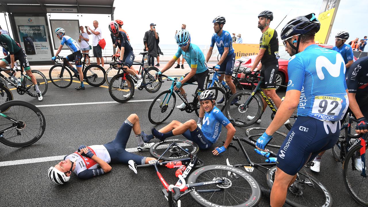 Wild weather sparked massive crashes on the first stage of the Tour de France.