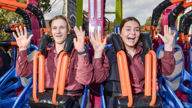 ADELAIDE, AUSTRALIA - SEPTEMBER 1, 2023: Loxton High School year 10 students Hunter Walmesley-Cotham and Javen Gum testing the Extreme Thriller ride at the Royal Show. Picture: Brenton Edwards