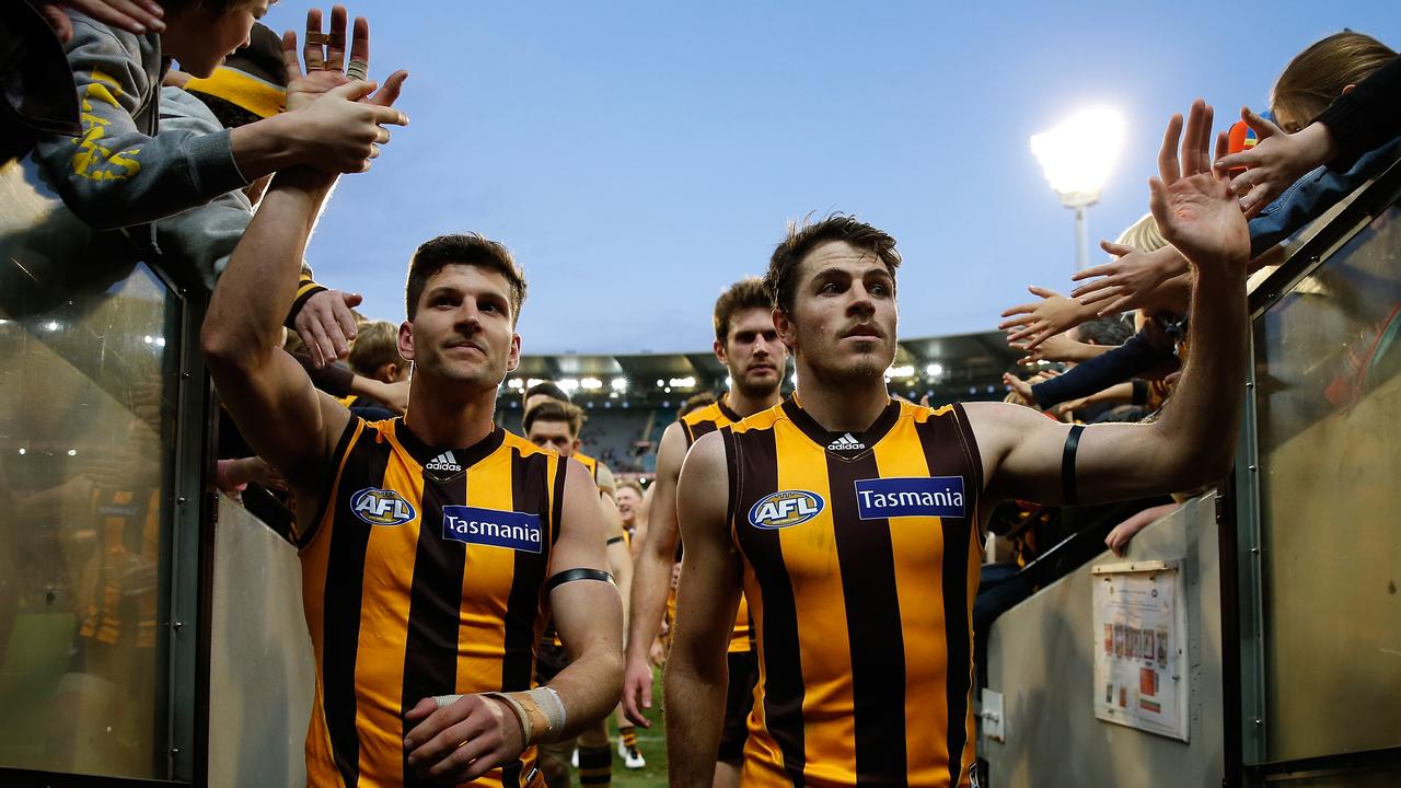 Luke Breust (left) and Isaac Smith were Hawthorn teammates but no longer (Photo by Michael Willson/AFL Media/Getty Images)