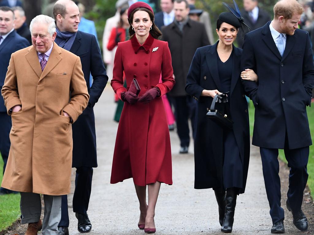 (L-R) Britain's Prince Charles, Prince of Wales, Britain's Prince William, Duke of Cambridge, Britain's Catherine, Duchess of Cambridge, Meghan, Duchess of Sussex and Britain's Prince Harry, Duke of Sussex.