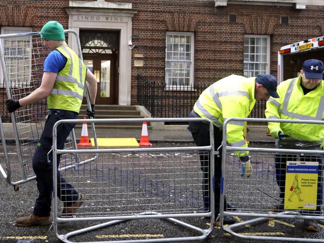 Barriers are erected outside the Lindo Wing of St. Mary's Hospital in Paddington, London. Picture: AP