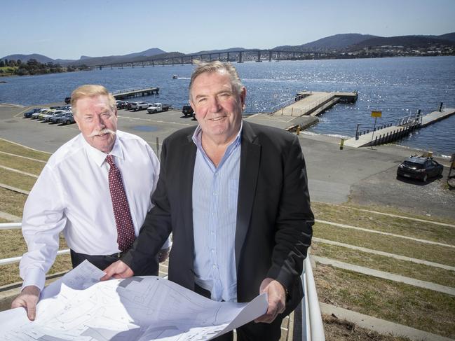 Paul Lennon and managing director of Stadia Precinct Consortia Dean Coleman at Macquarie Point. Picture: Chris Kidd.