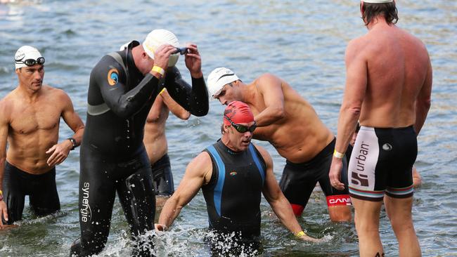 John finishing the swim leg of the Nepean Triathlon. (Brett Costello)