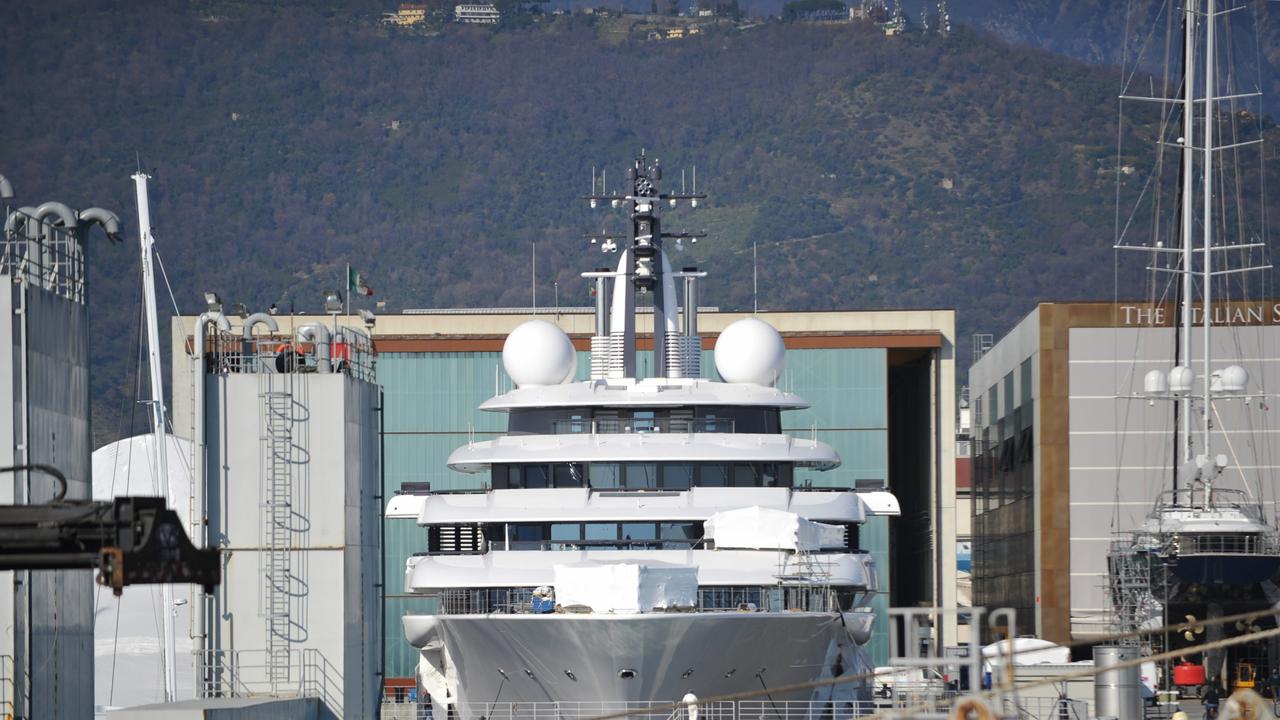 The superyacht 'Scheherazade', which has been linked to Russian President Vladimir Putin, is moored in the port at Marina di Carrara on March 23, 2022 in Carrara, Italy. Picture: Getty