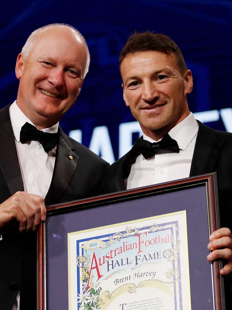 AFL chairman Richard Goyder inducts Harvey into the Hall of Fame. Picture: AFL Photos/Getty Images