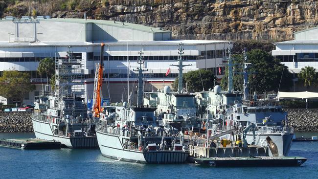 26/07/2018: (L-R) HMAS Yarra (87), HMAS Huon (82), ______, HMAS Norman (84), HMAS Gascoyne (85) docked at HMAS Waterhen in Sydney. A third of Australia's $1.1 billion mine hunting fleet has been mothballed despite a growing threat from the Chinese navy which has amassed an arsenal of over 100,000 mines that could be quickly deployed into the South China Sea or used to cripple Australian ports. Hollie Adams/The Australian