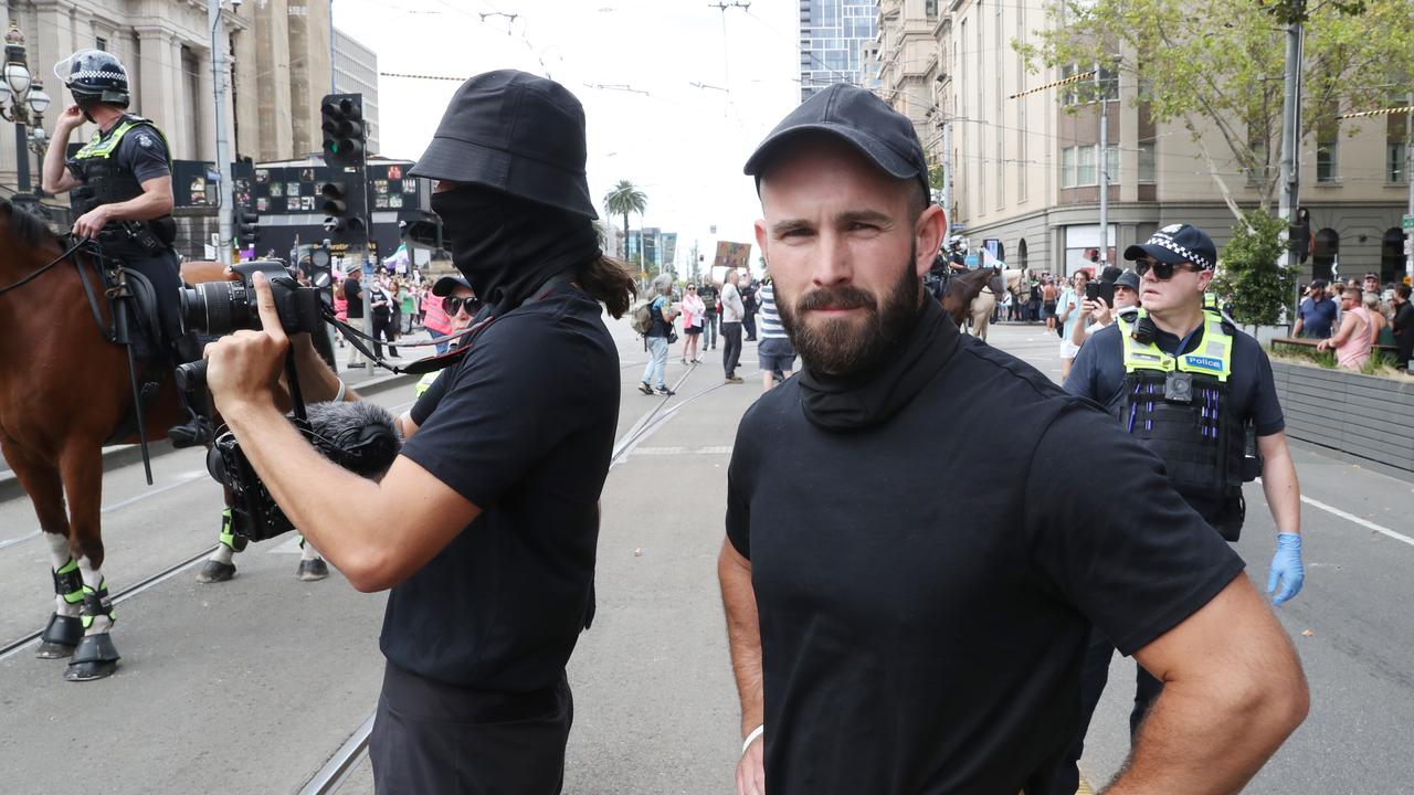 Neo Nazi leader Thomas Sewell at Melbourne anti-trans rally last month. Picture: NCA NewsWire / David Crosling