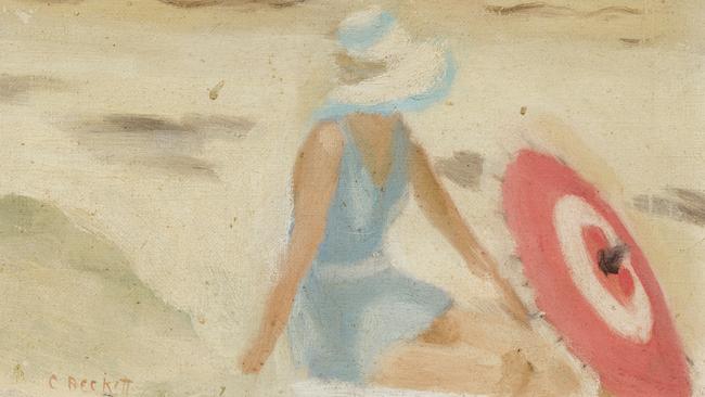 The red sunshade, 1932 (detail), Melbourne, oil on board. Gift of Alastair Hunter OAM and the late Tom Hunter in memory of Elizabeth through the Art Gallery of South Australia Foundation 2019, Art Gallery of South Australia, Adelaide.