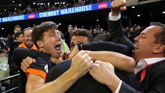 Toby Greene celebrates on the final siren after the Giants beat Collingwood to book their spot in the Grand Final. Pic: Phil Hillyard