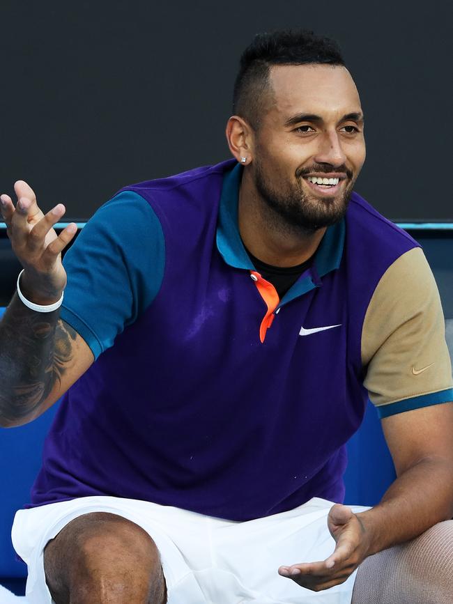 Nick Kyrgios argues after walking off the court. Picture: Getty Images.