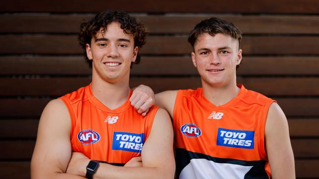 MELBOURNE, AUSTRALIA - NOVEMBER 21: GWS Giants draftees Oliver Hannaford (L) and Harrison Oliver (R) pose for a photo during an AFL Draft Media Opportunity at Marvel Stadium on November 21, 2024 in Melbourne, Australia. (Photo by Dylan Burns/AFL Photos via Getty Images)