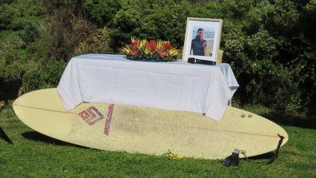 Sam Matthews has been remembered for his love of the ocean and surfing with friends and family spreading his ashes at Beachport his favourite break. Picture: Arj Ganesan