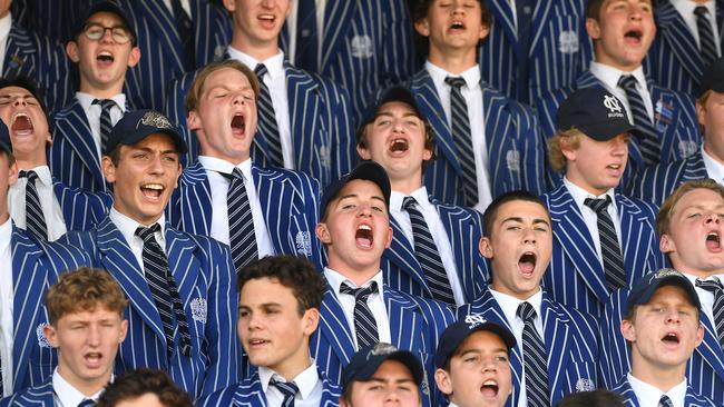 Nudgee College supporters cheer on their side against Gregory Terrace. Saturday August 3, 2018. Picture: AAP/John Gass