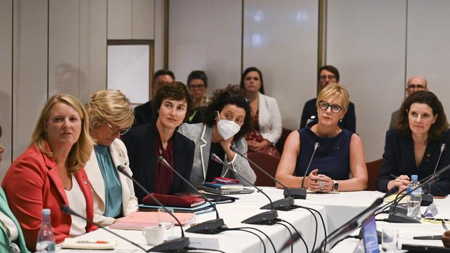 Teal MPs Kylea Tink, Zali Steggall, Kate Chaney, Monique Ryan, Zoe Daniel &amp; Allegra Spender at the Referendum Working Group meeting where members are split over voice terminology.