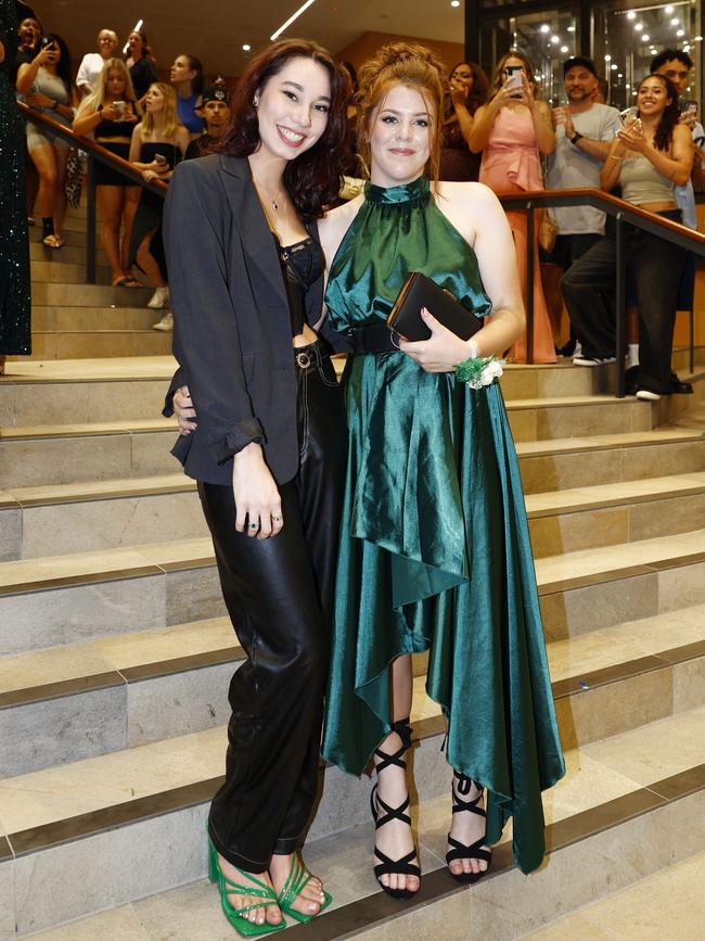 Maggie Anderson and Elissa May at the Trinity Bay High School formal evening, held at the Cairns Convention Centre. Picture: Brendan Radke